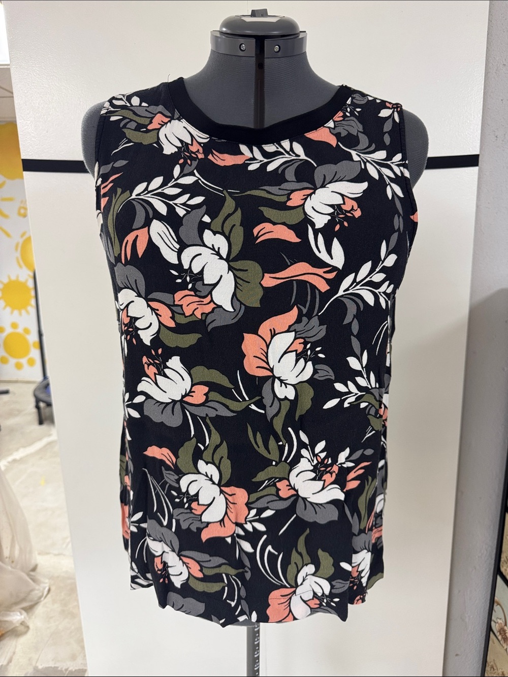 Black Floral Sleeveless Tank Top with Coral & White Blooms